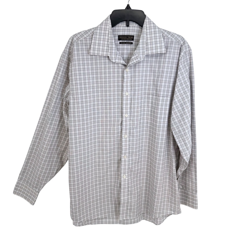 Donald J Trump Dress Shirt Mens L White Black Red‎ Plaid Non Iron Regular Fit